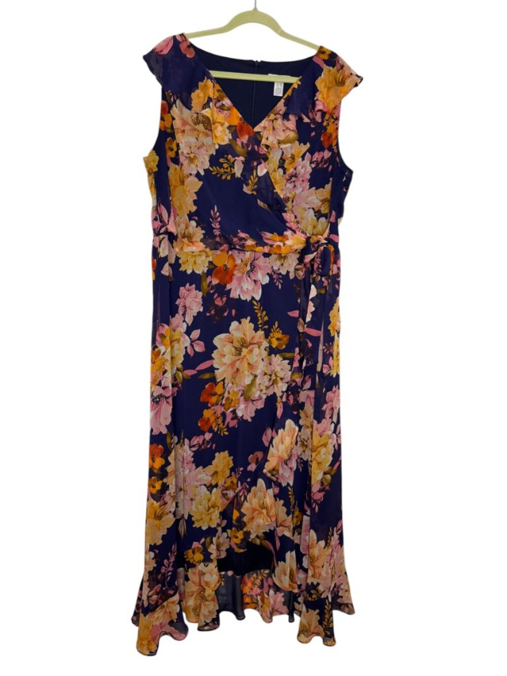London Times Akong Woman Maxi Dress Chiffon Ruffle Floral Blue Pink Orange 16W